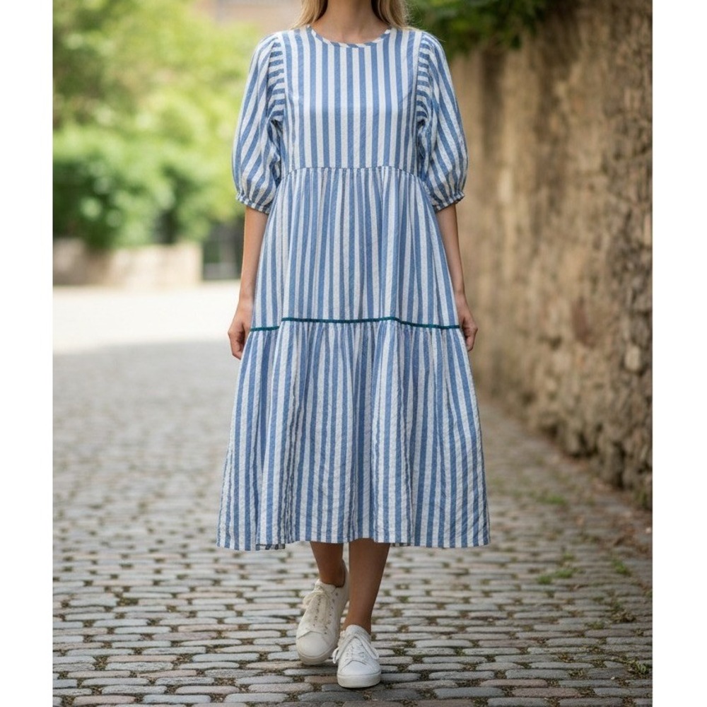 Pink Chicken Blue White Striped Tiered Puff Sleeve Cotton Midi Dress M Prairie